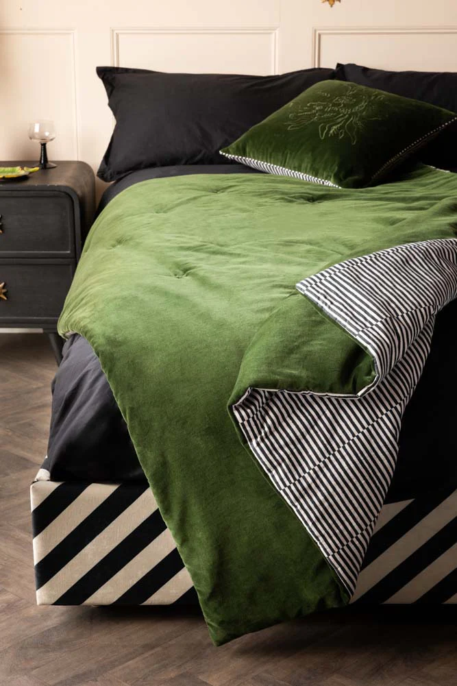 Monochrome Stripe & Green Velvet Reversible Quilt - Image 3