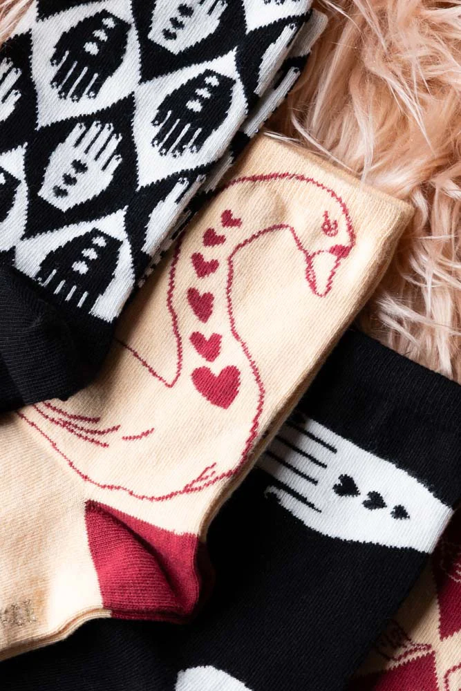 Pack Of 4 Monochrome Hand Print & Red Swan Socks - Image 3